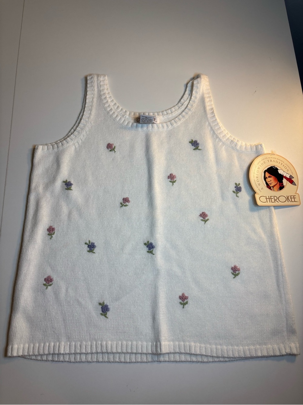 Cherokee White Tank Top with Pink & Lavender Floral Embroidery